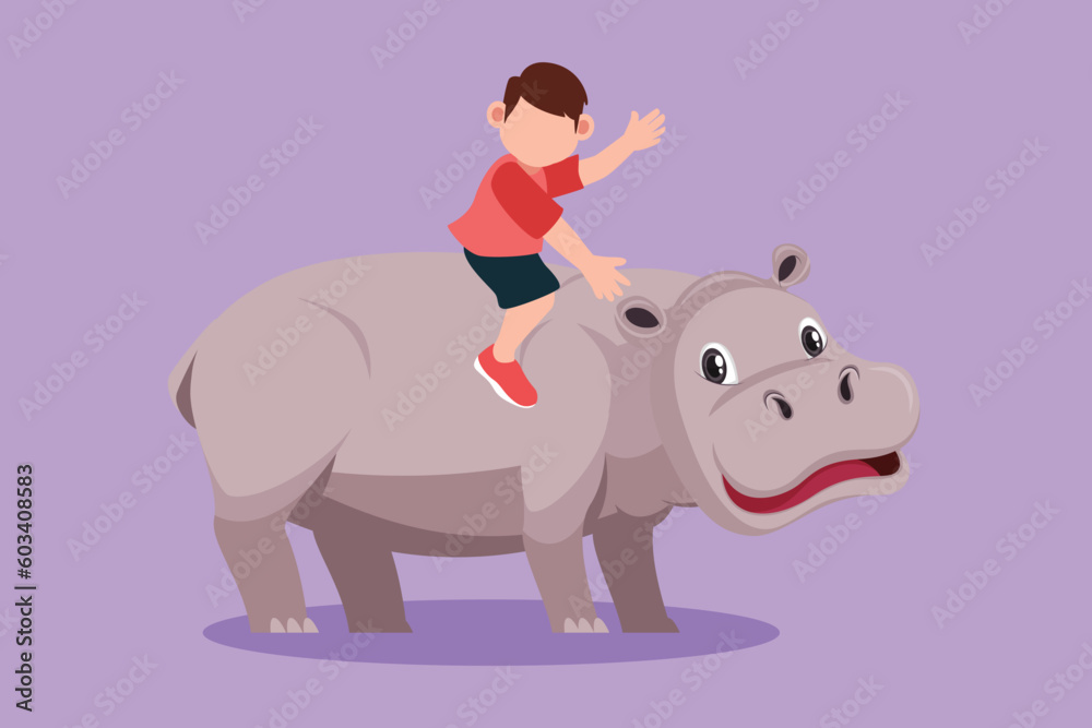 Naklejka premium Character flat drawing happy little boy riding hippo at amusement park. Adorable child sitting on back hippopotamus in zoo. Brave kids learning to ride hippopotamus. Cartoon design vector illustration
