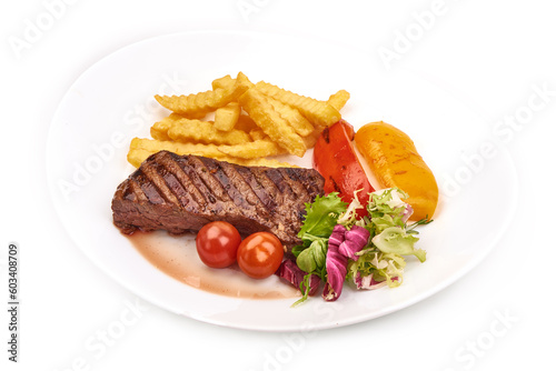 Grilled beef steak, isolated on white background.