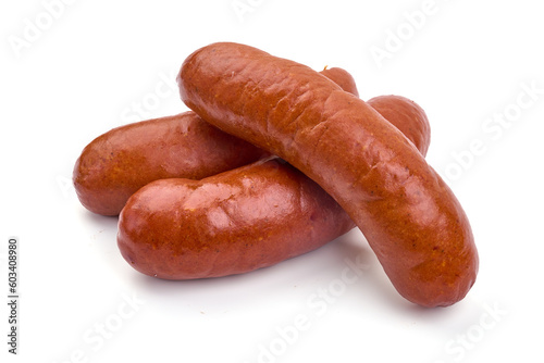 Smoked german sausages, isolated on white background.