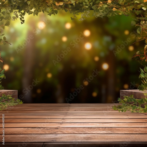 A wooden stage podium table with plants on it lights behind