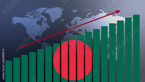 Bangladesh flag on bar chart concept with increasing values, economic recovery and business improving after crisis and other catastrophe as economy and businesses reopen again