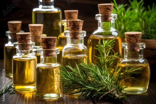 Herb oil bottles of homeopathy herbs. Generative AI.