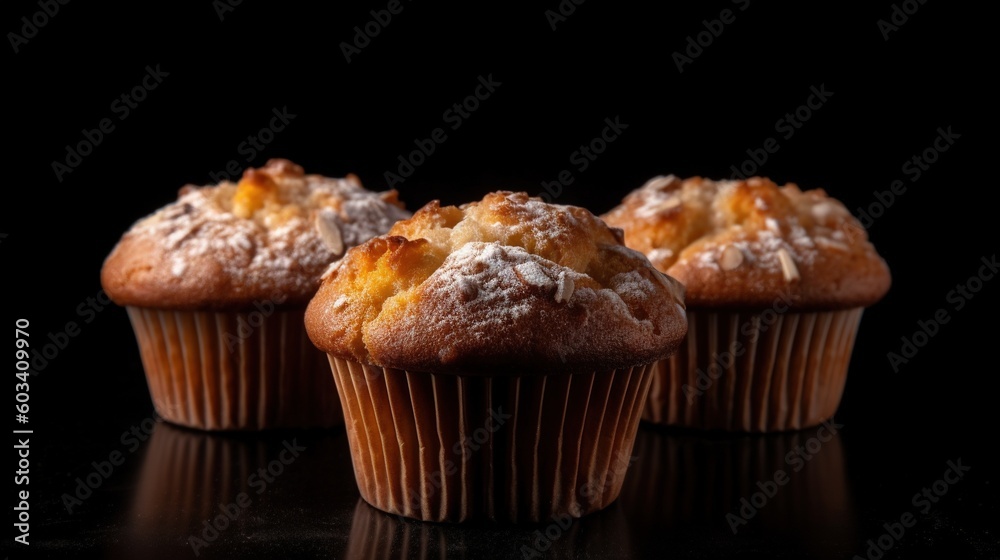 three muffins with powdered sugar on top of them. generative ai three muffins with powdered sugar on top of them. generative ai