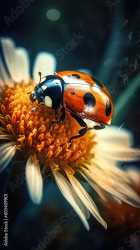  a lady bug sitting on top of a white daisy flower.  generative ai