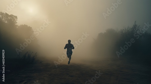  a man running in the foggy woods on a trail. generative ai