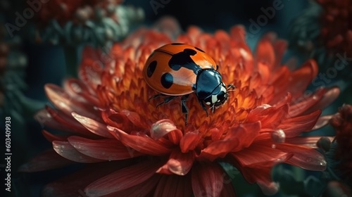  a ladybug sitting on top of a red flower. generative ai