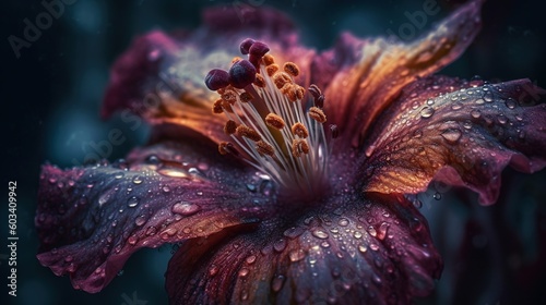 a close up of a flower with water droplets on it. generative ai