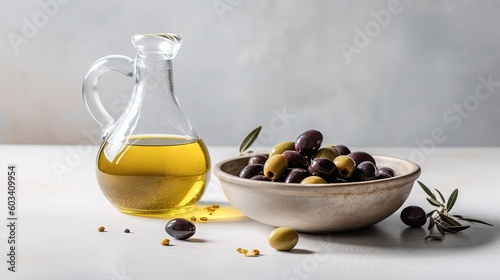  a bowl of olives next to a bottle of olive oil. generative ai