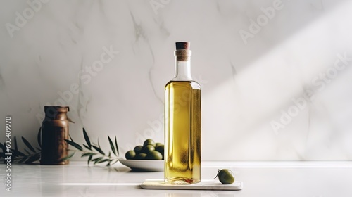  a bottle of olive oil next to a bowl of olives. generative ai