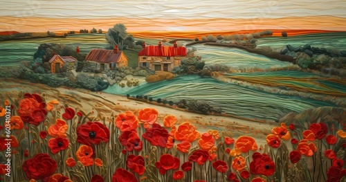 Nature's Poetry: Multilayered Realism in a Collage of Red Poppies and Houses on Grassy Fields