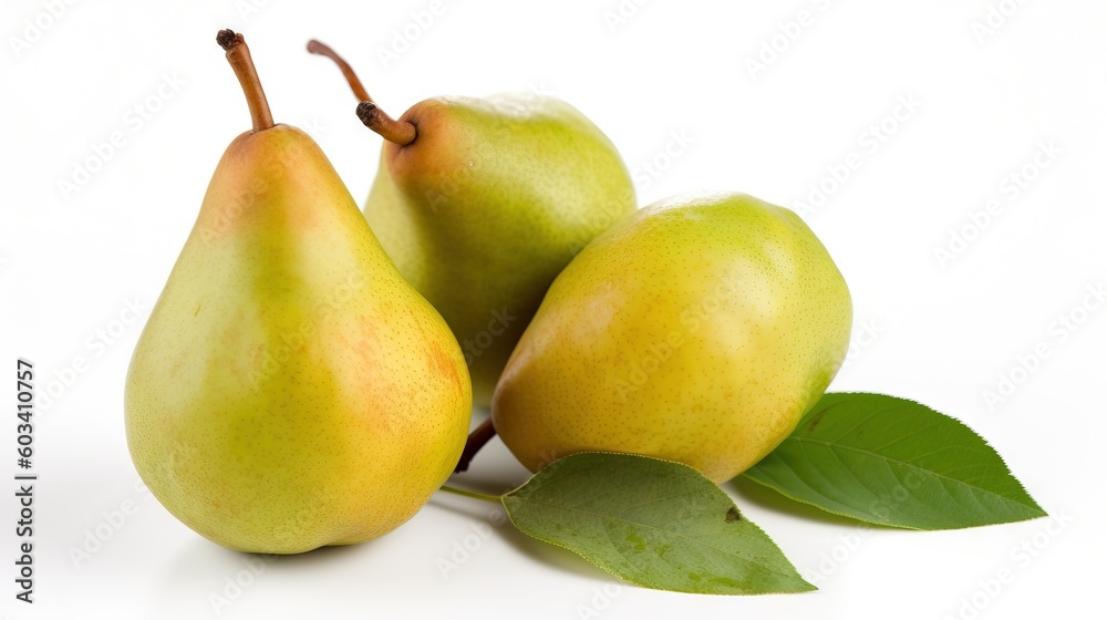 three pears and a leaf on a white surface with a white background. generative ai three pears and a leaf on a white surface with a white background. generative ai