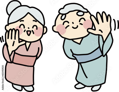 笑顔で手を振っている着物のおじいさんとおばあさんのイラストセット