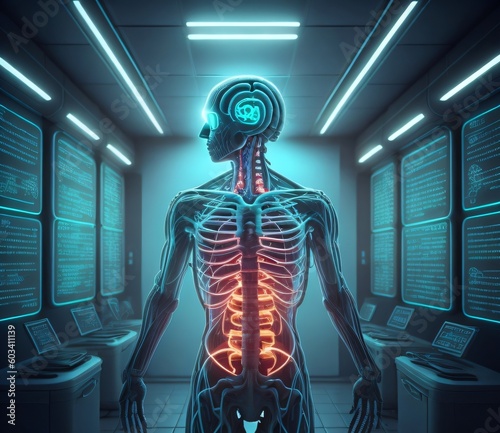 human body, skeleton, on neon light chamber, created with Generative AI technology