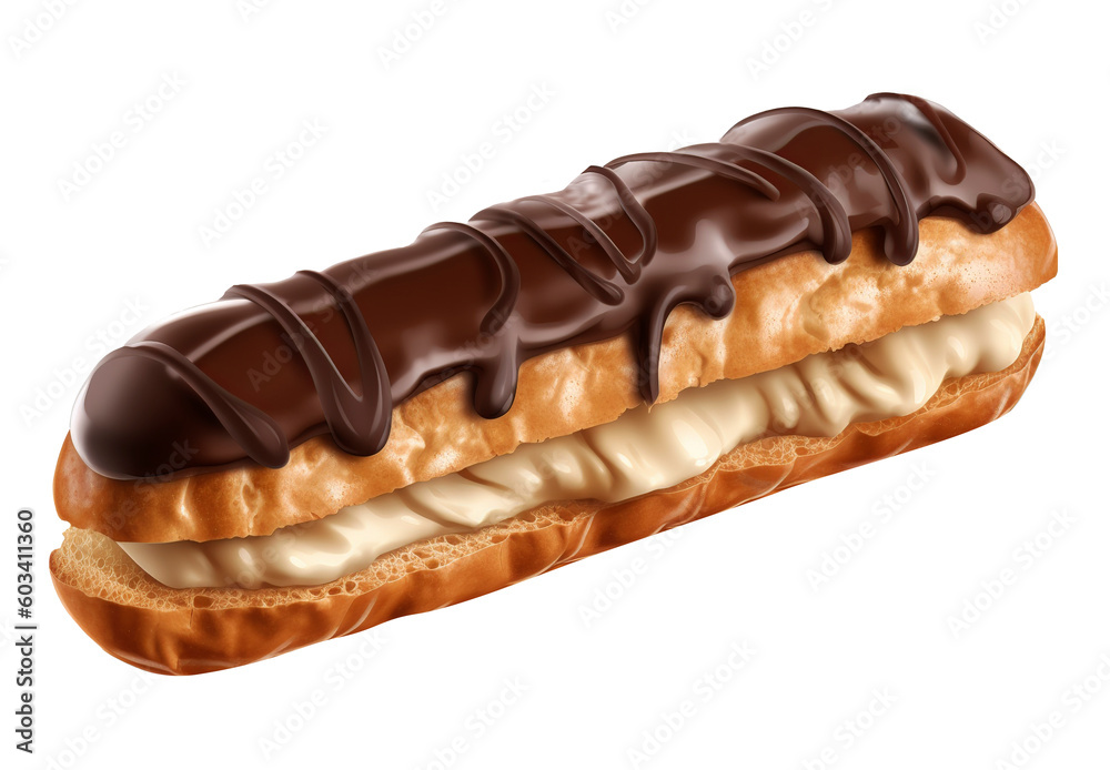 French eclair pastry in transparent background. Generative AI. French eclair pastry in transparent background. Generative AI.