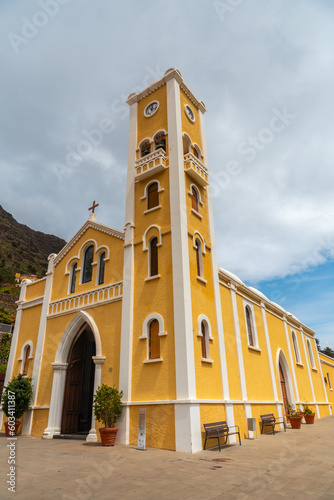 Lovely yellow church of La Encarnacion in the village of Hermigua in the north of La Gomera, Canary Islands