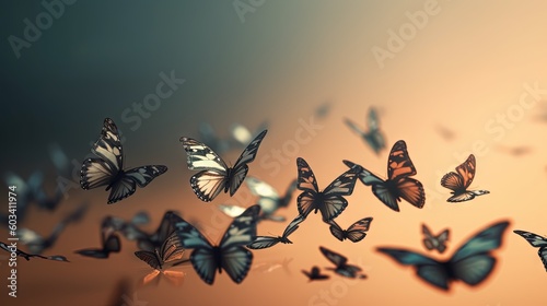  a group of butterflies flying in the air with a blurry background.  generative ai © Nadia