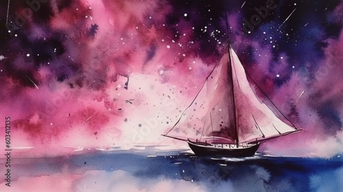  a painting of a sailboat in the ocean under a purple sky. generative ai