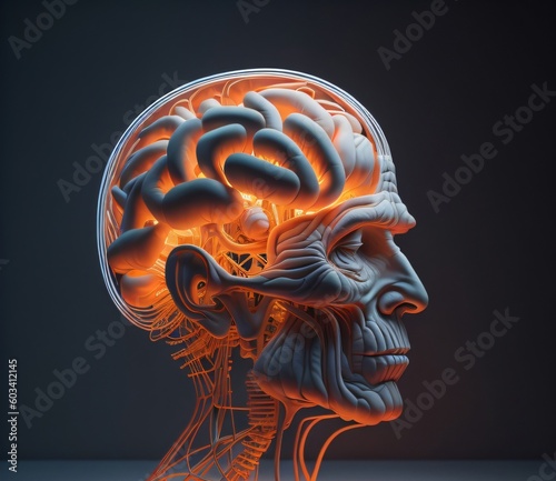close up of illuminated futuristic image of brain and his texture, health concept, , created with Generative AI technology,