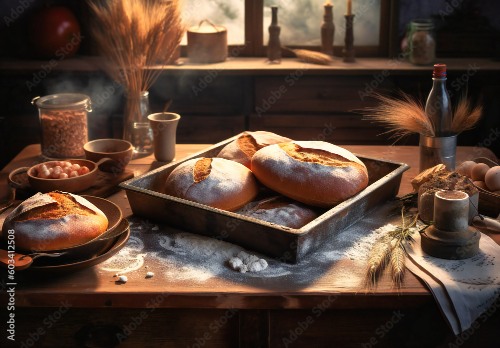 some bread on a table with flour and bread trough