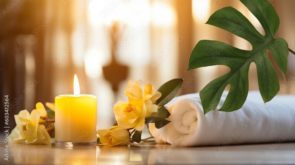 resort spa tropical flowers candle blurred light white towel cozy relaxing meditation massage salon  background ,generated ai