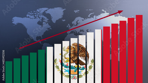 Mexico flag on bar chart concept with increasing values, economic recovery and business improving after crisis and other catastrophe as economy and businesses reopen again