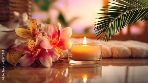 resort spa tropical flowers candle blurred light white towel cozy relaxing meditation massage salon  background  generated ai