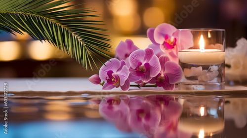 romantic spa  resort  tropical flowers candle blurred light white towel cozy relaxing meditation massage salon  background  generated ai