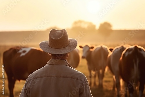 illustration, a farmer with his cows in a grassy field, ai generative.