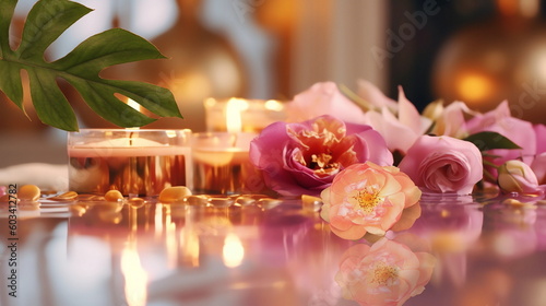 luxuri spa resort ,tropical flowers candle blurred light white towel cozy relaxing meditation massage salon background generated ai