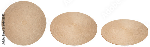 Circle rug made with jute rope in 3 different angles isolated on white