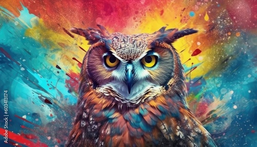 A colorful, double-exposed, abstract owl portrait. (Generative AI)