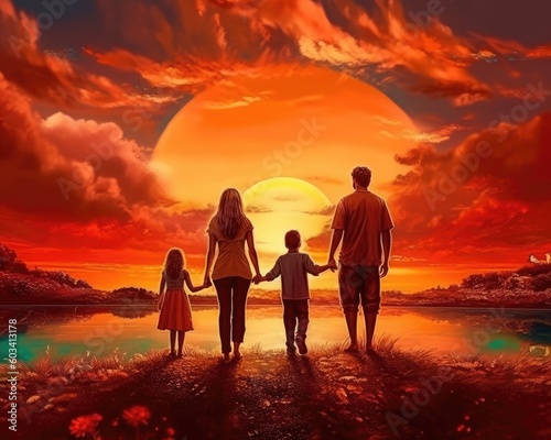 A happy family with parents  kids  and sunset.  Generative AI 