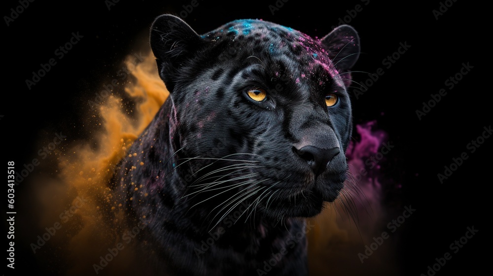 illustration, black panther with vibrant colored dusts, generative ai.