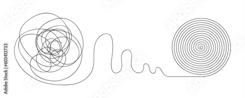 Chaos and order business concept flat style design illustration isolated on white background. Tangled disorder turns into spiral order line, find solution. Coaching, mentoring or psychotherapy 10 eps