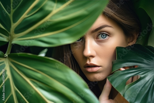 Photorealistic Portrait: Young Woman Behind Leaf in Tropical Garden, Blending Nature & Art - Generative AI