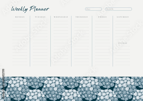 Vector weekly planner template with blue flowers. Organizer and schedule with place for notes. Trendy minimalistic style. Abstract modern design.