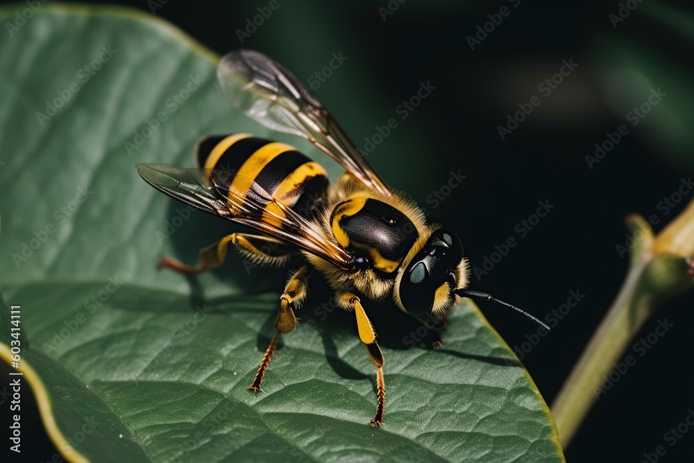 illustration, striped bee on leaves, generative ai. illustration, striped bee on leaves, generative ai.