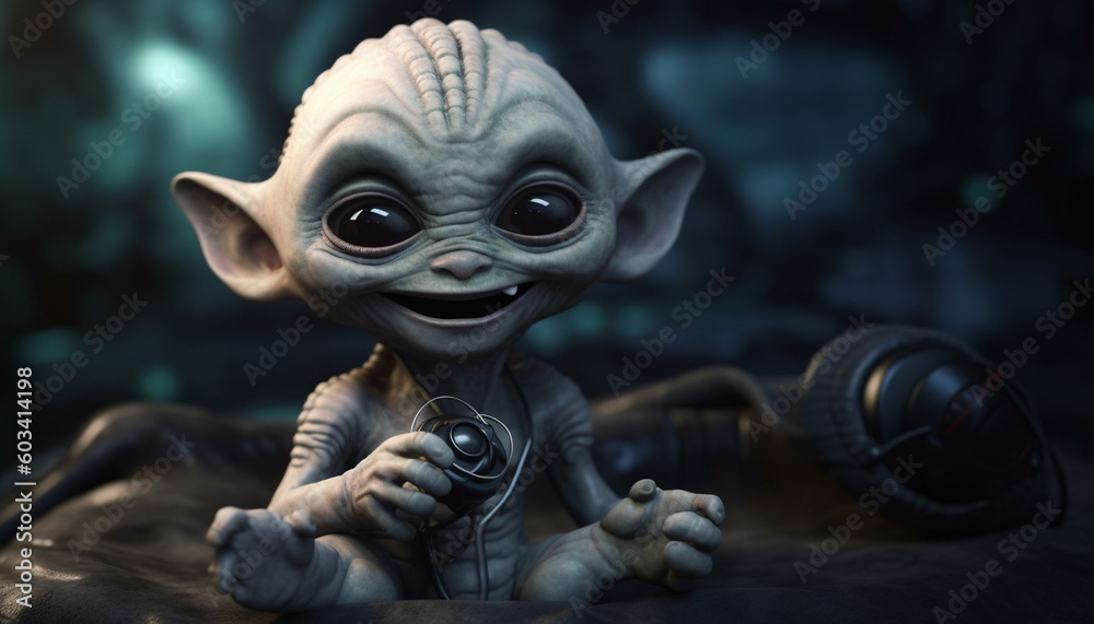 Baby Alien playing games. Baby alien gammer surprised. Creature holding a joystick. Surprise me. Winning a game match. Child gaming. Baby Alien playing games. Baby alien gammer surprised. Creature holding a joystick. Surprise me. Winning a game match. Child gaming.