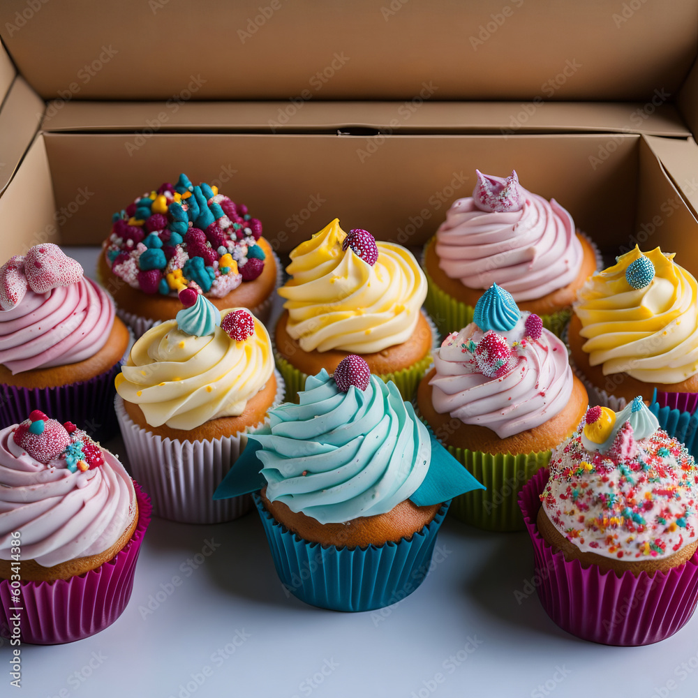 Tasty Cupcakes Set in a Bakery Box - Generative AI Tasty Cupcakes Set in a Bakery Box - Generative AI