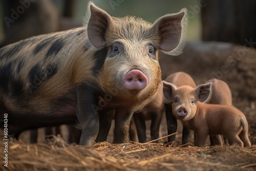 illustration, mother pig with piglets, generative ai.