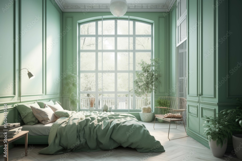 Pastel green bedroom and minimalist interior design. with large French ...