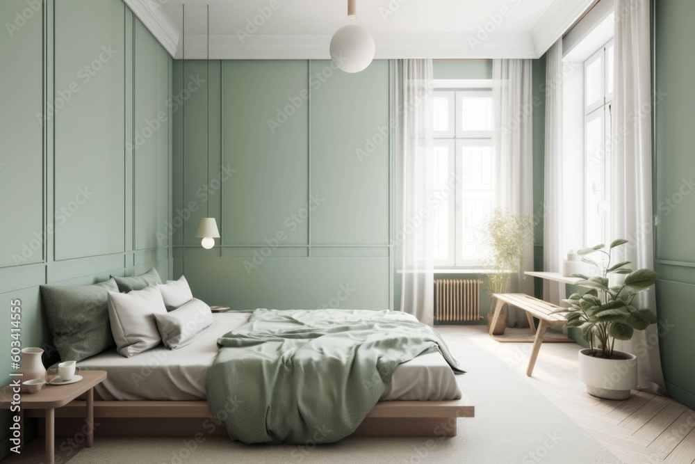 Pastel green bedroom and minimalist interior design. with large French ...