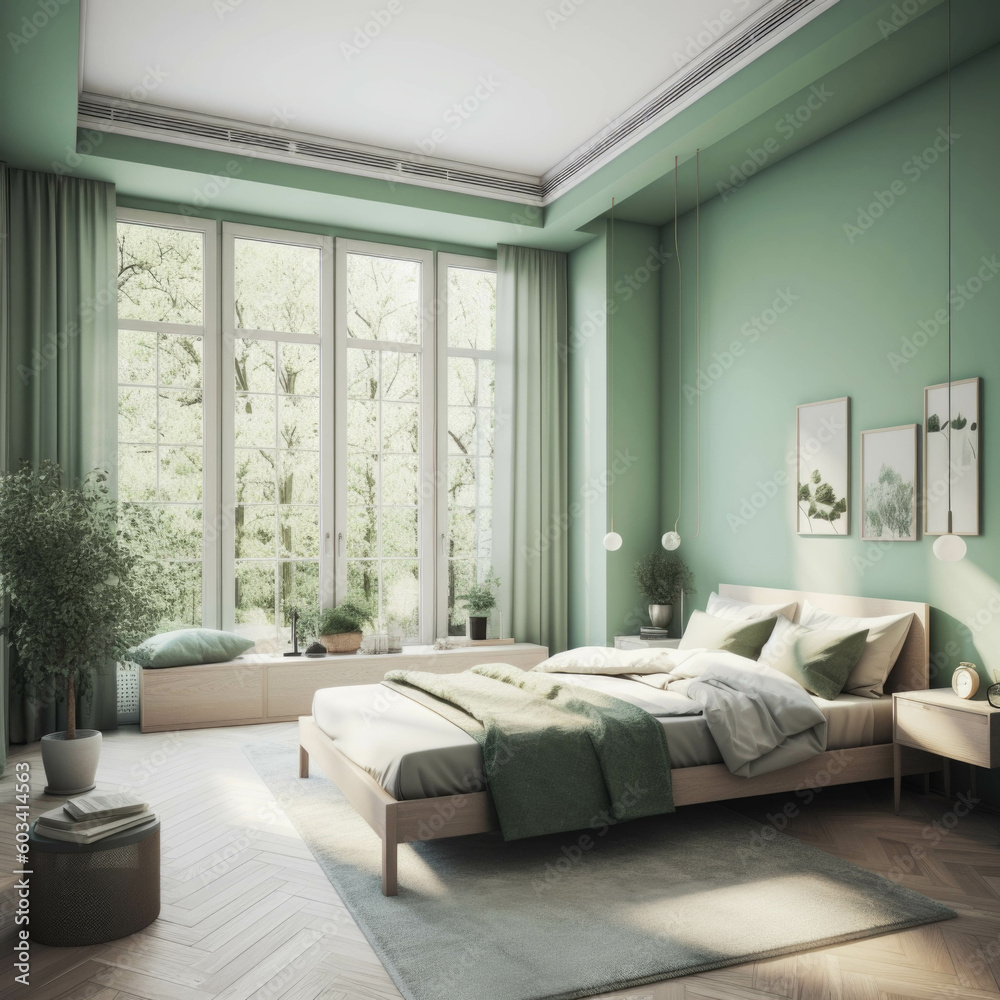 Pastel green bedroom and minimalist interior design. with large French ...