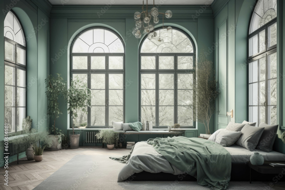 Pastel green bedroom and minimalist interior design. with large French windows. Generative AI Pastel green bedroom and minimalist interior design. with large French windows. Generative AI