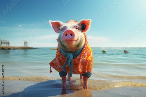 illustration, pig on the beach, ai generative