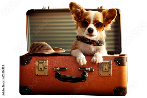 Canvas Print Fun Corgi puppy dog with sunglasses sitting in a suitcase isolated on transparen