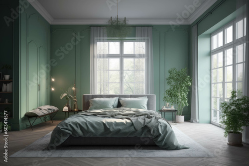 Pastel green bedroom and minimalist interior design. with large French windows. Generative AI © Ivy