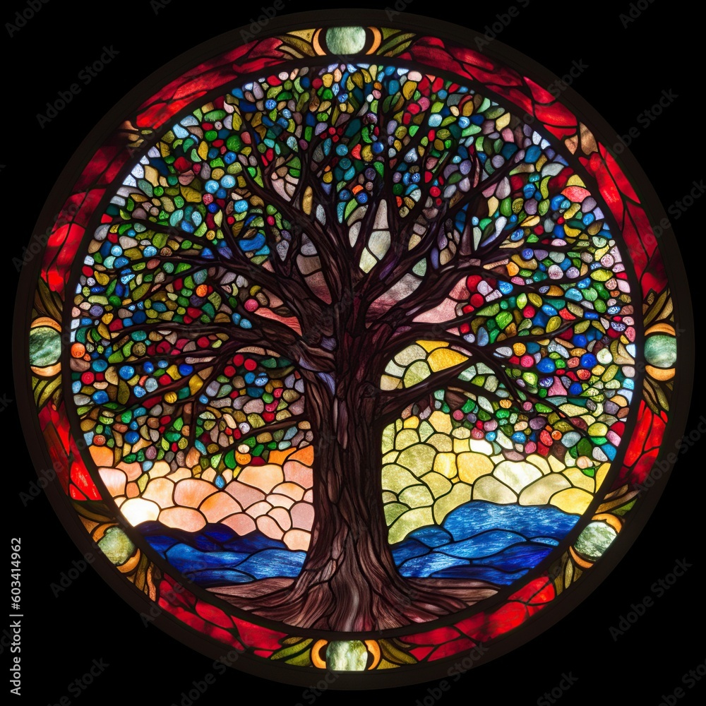 illustration, stained glass window depicting a tree, ai generative