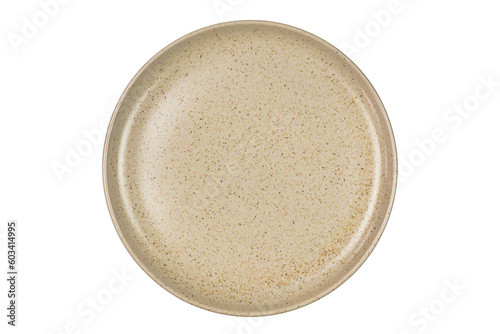 Top view of single empty round spotted brown ceramic plate isolated on white background with clipping path.