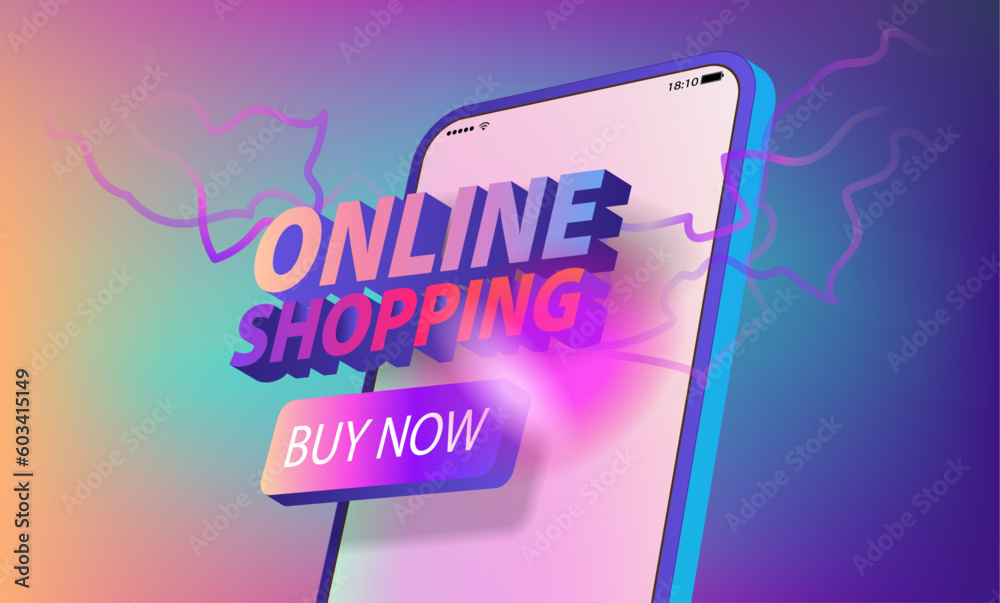 Fototapeta premium Three-dimensional inscription online shopping on the mobile phone screen